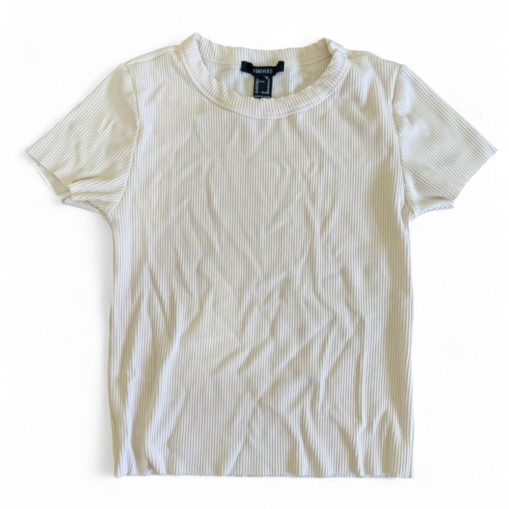 Forever 21 White Ribbed Short Sleeve Top, Size M
